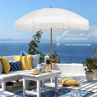 AMMSUN 7ft Patio Umbrella with Fringe Outdoor Tassel Umbrella UPF50+ Premium Steel Pole and Ribs Push Button Tilt, Cream White