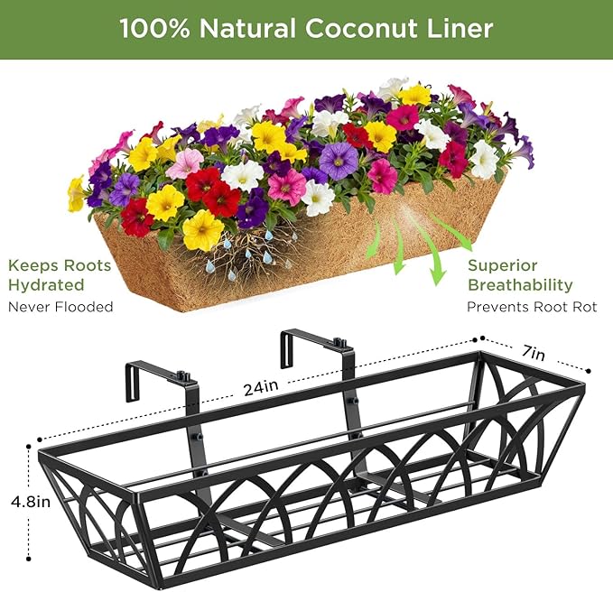 HFHOME 24 inch Window Deck Rail Planter with Coco Liner, 24" Dia Window Box Trough with Coconut Coir Liners, Black Metal Hanging Flower Planter Basket for Indoor Outdoor Lawn - Set of 4