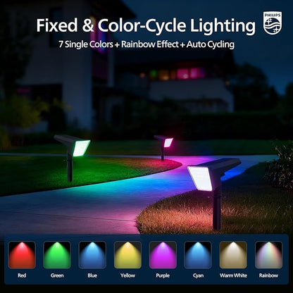 Philips 6 Packs Solar RGBW Spot Lights Outdoor, 18 LED Solar Powered Landscape Lights, 9 Lighting Modes Color-Changing Dusk to Dawn Waterproof Pathway Spotlights for Garden Trees Halloween Christmas