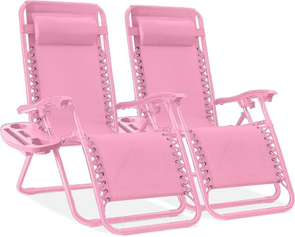 Best Choice Products Set of 2 Adjustable Steel Mesh Zero Gravity Lounge Chair Recliners w/Pillows and Cup Holder Trays - Carnation