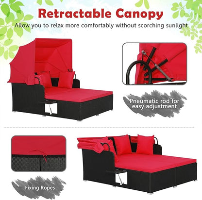 ORALNER Outdoor Daybed, 2-Person Wicker Patio Sofa with Retractable Canopy, Cushions & Pillows, 2 Side Trays, PE Rattan Double Sunbed Lounger for Deck Poolside Backyard Garden Balcony (Red)