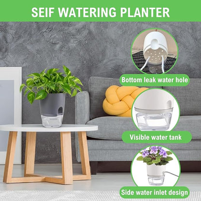 3.2 Inch Self Watering Planters Plastic Planter Pots 5 Pack Wicking Flower Pots Modern Decorative Planter for Small African Violets House Plants,Herbs,Indoor Outdoor Plant (Grey)