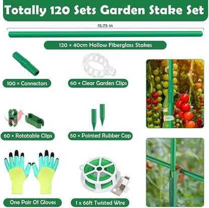 Cludoo 393PCS Garden Stakes Set with 120 Sets Fiberglass Plant Stakes Sticks Supports and Accessories, DIY 4ft 5ft 6ft 7ft Tomato Stakes for Tomato,Vegetables, Pepper, Indoor Outdoor Spring Plants