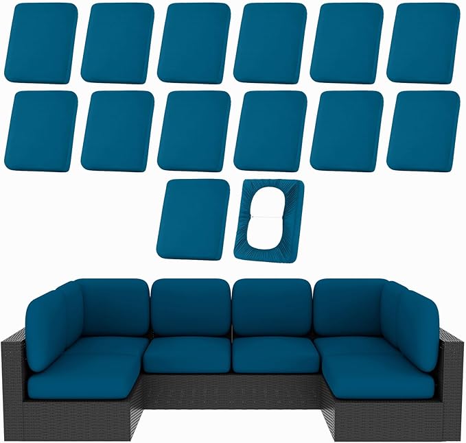 Cushion Covers, 14-Piece Stretch Outdoor Set in Peacock Blue