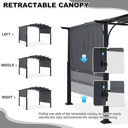 MASTERCANOPY 10x12ft Outdoor Retractable Pergola with Sun Shade Canopy Patio Metal Garden Pergola,Dark Grey