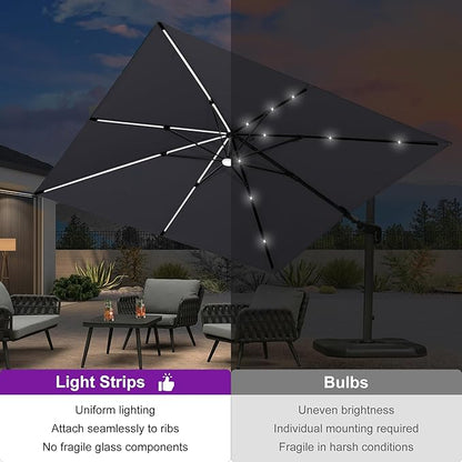 PURPLE LEAF 10 Feet Patio Umbrella with Base Outdoor Cantilever Solar Powered LED Swivel Square Umbrella Aluminum Offset Umbrella with 360-degree Rotation for Garden Deck Pool Patio Light Grey