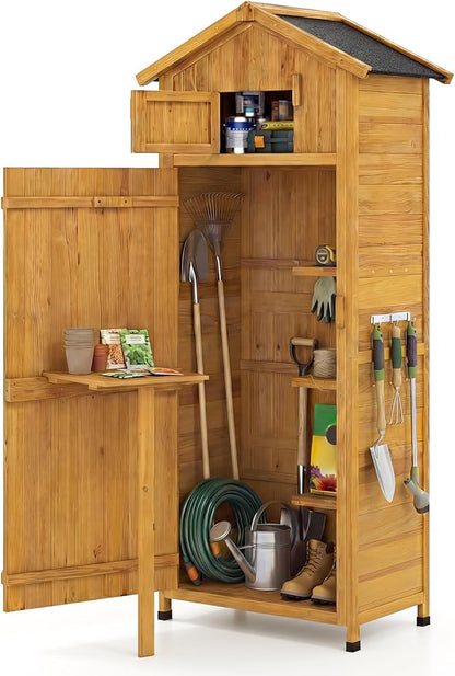 Goplus All-in-One Storage Shed, 70" Tall Wooden Lockable Cabinet w/Foldable Work Table, Vertical Utility Tool Organizer w/Shelves & Hooks, Waterproof Garden Shed for Patio Backyard (Natural)