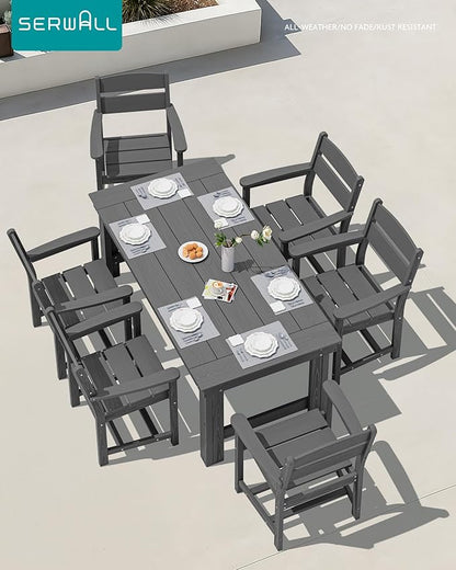 SERWALL Outdoor Dining Table Set, 67‘’ HDPE Patio Dining Set for 6, Outdoor Table and Chairs Set with 1.6-inch Umbrella Hole for Deck, Grey