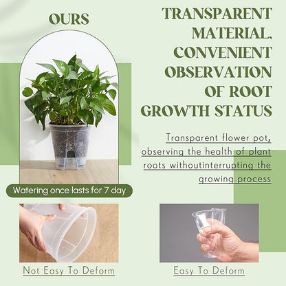 Self Watering Pots for Indoor Plants with Deep Reservoir and High Drainage Holes for Outdoor Plants and Flowers, Bare Root Planter(8.27'',Clear,6 Pcs)