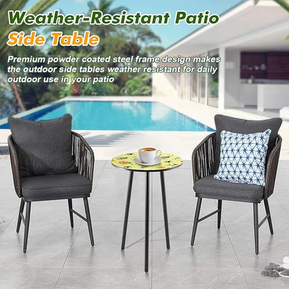 Metal Outdoor Side Tables Set of Two Small Outside Round End Table for Patio Modern Accent Garden Corner Table for Small Spaces, Balcony, Porch, Weather-Resistant Plant Stand Indoor, Yellow