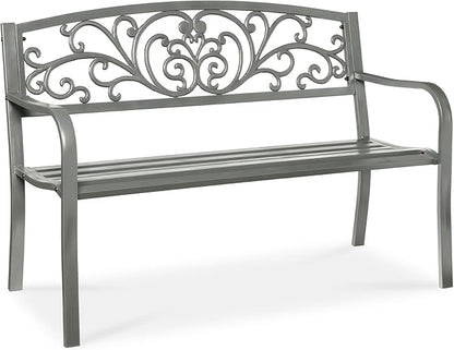 Best Choice Products Outdoor Bench Steel Garden Patio Porch Furniture for Lawn, Park, Deck w/Floral Design Backrest, Slatted Seat - Gray