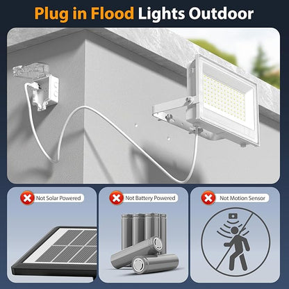 Onforu 120W Flood Lights Outdoor,12000lm White LED Work Light with Plug, 6500K Daylight White LED Flood Lighting, IP66 Waterproof Security Yard Lights for Yard Garage Stadium 2 Pack