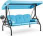HOMREST 3 Seat Outdoor Porch Swing with Adjustable Canopy, Convertible Patio Swing Bed with Stand, Patio Glider Swing with Upgraded Cup Holder, Thicken Cushions ＆ Pillow for Backyard（Sky Blue）