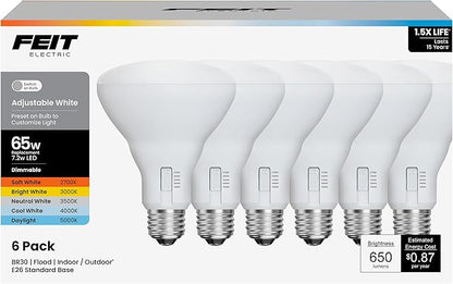 Feit Electric BR30 LED Flood Light Bulb, 65W Equivalent, Dimmable, 5CCT, Adjustable White, 650 Lumens, Indoor/Outdoor Residential & Commercial Use, 17,000-Hour Lifespan, BR3065DM5CCTCA15K/6, 6-Pack
