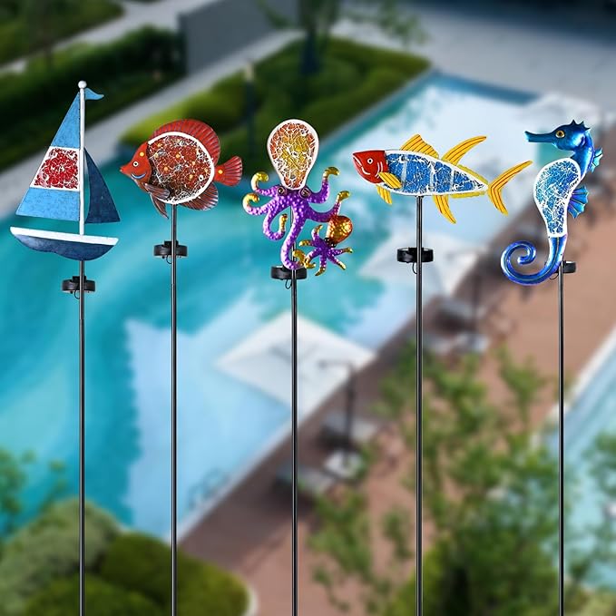 Yiosax-Solar Outdoor Lights Decorative-Yard Outdoor Decorative - Garden Stakes Octopus Decorative Waterproof 7 LED Light Decor Ocean Beach Theme for Lawn Path Yard Decoration Gift Idea