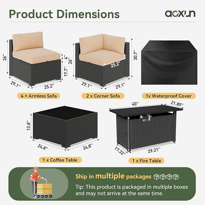 Aoxun 8 Piece Patio Furniture Set with 44” Fire Pit Table Wicker Rattan Patio Sectional Sofa Set Outdoor Seating Furniture with Thickened Cushion, Beige