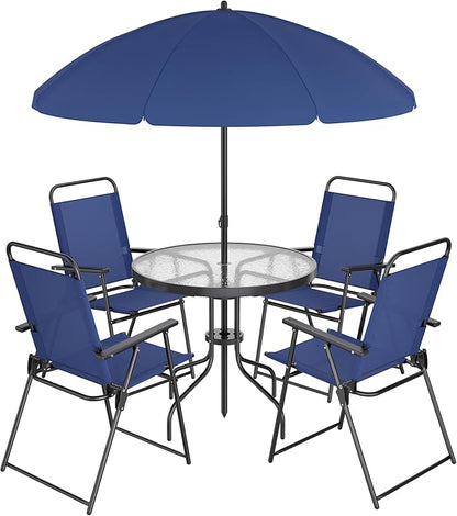 Shintenchi 6 Piece Patio Dining Set with Umbrella, Outdoor Furniture Set with 4 Folding Chairs and Tempered Glass Top Dining Table fot Lawn Backyard Garden Porch Blue