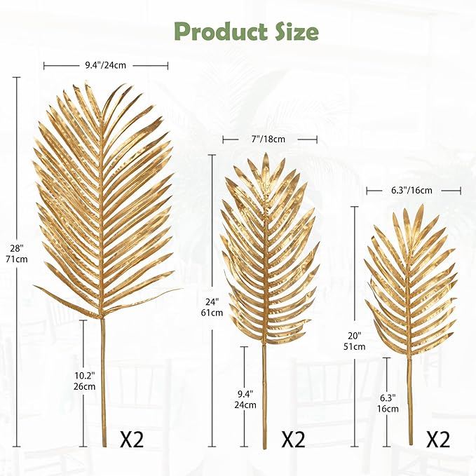 Artificial Palm Greenery Stems, Gold Silk Tropical Leaves, 6-Piece Set