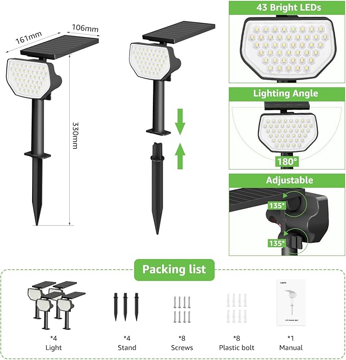 Lepro Solar Decorative Spot Lights 2 Pack, Warm White Accent Lights for Garden Ambiance, IP65 Waterproof Adjustable Landscape Lighting to Highlight Statues, Plants, Pathways & Yard Decor