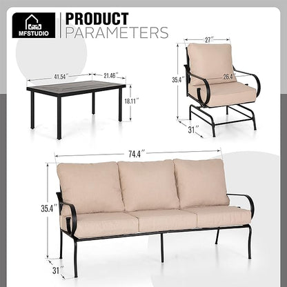MFSTUDIO 7 Seats Large Metal Patio Conversation Sets, 6 Pieces Outdoor Patio Furniture Sofa with 4 Motion Chairs, 1 Sofa(3-seat) and Table for Outside Balcony Backyard Poolside