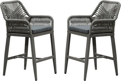PURPLE LEAF Outdoor 24" Counter Height Bar Stools Chair Set of 2, All Weather Rattan and Aluminum Patio Bar Stool with Cushion for Indoor and Outdoor, Kitchen Island, Smoke Grey