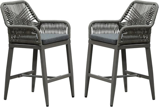 PURPLE LEAF Outdoor 24" Counter Height Bar Stools Chair Set of 2, All Weather Rattan and Aluminum Patio Bar Stool with Cushion for Indoor and Outdoor, Kitchen Island, Smoke Grey