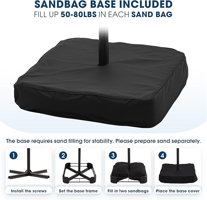 wikiwiki 10ft Patio Umbrella with Base Included, Outdoor Offset Cantilever Umbrella with Sandbag Base for Backyard, Garden and Pool, Easy to Tilt and Crank, Navy Blue