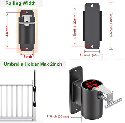 Heavy Duty Deck Railing Umbrella Holder, Patio Umbrella Stand for 1-2 Inch Poles, Space-Saving Design, Secure & Sturdy Post Flat Mount for Deck Railing, Balcony, Outdoor Courtyard, Fences