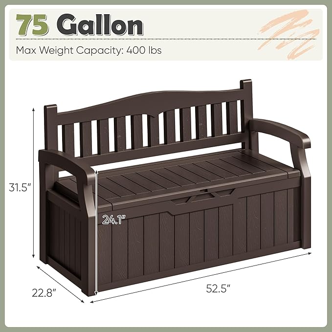 Storage Bench, 75 Gallon Brown Outdoor Deck Box with Padlock Holes