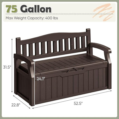 Storage Bench, 75 Gallon Brown Outdoor Deck Box with Padlock Holes