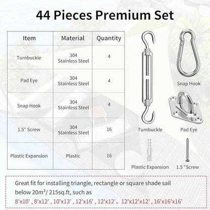Sun Shade Sail Hardware Kit 6 Inch for Rectangle & Triangle Shade Sail Install, Stainless Steel Shade Sail Fixing Accessories for Outdoor Patio Canopy Garden, Heavy Duty Awning Attachment Set (44 Pcs)