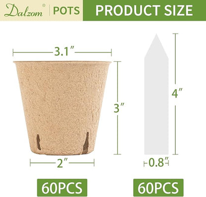 Dalzom® 60Pcs 3.1” Peat Pots with 60Pcs Plant Labels, Biodegradable Pots for Seedlings with Drainage Holes, Garden Plant Nursery Pots Seed Starting Trays