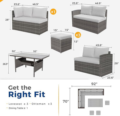 Wisteria Lane 7 Piece Patio Furniture Set, Wicker Patio Sectional with Wide Armrest, All Weather Outdoor Dining Set, Outdoor Furniture Patio Conversation Set with Ottoman, Ash Gray