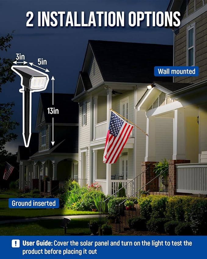Solar spotlights Outdoor 63 LED 3 Lighting Modes, IP65 Waterproof Lighten Yard Garden House Garage Pathway for Christmas Decorations-2 Pack