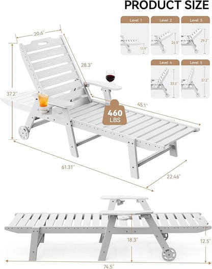 Carauci Lounge Chair Outdoor Set of 2, HDPE Chaise Lounge with Wheels, 5-Position Adjustable Backrest & 2 Cup Holders Patio Lounge Chair, All-Weather Pool Sun Lounger for Poolside, Backyard, White