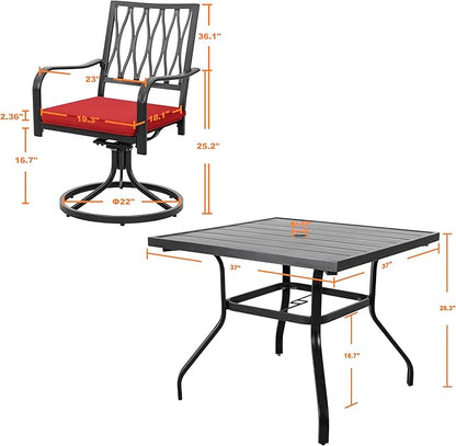 NUU GARDEN 5 Piece Outdoor Dining Set, Outdoor Furniture Set for Square Iron Umbrella Dining Table and 4 Cushioned Swivel Chairs, Black and Red Cushion