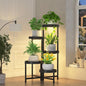 iDavosic.ly 5 Tier Folding Plant Stand Indoor Outdoor with Grow Light, Tiered Corner Flower Holder Shelf with Plastic Tray, Metal Orchid Display Rack for Patio Porch Living Room Garden Balcony, Black