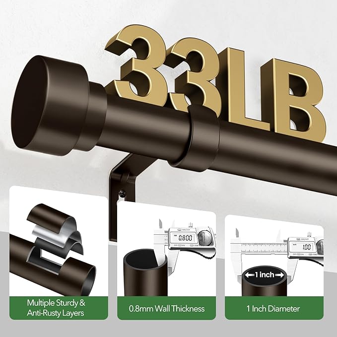 Curtain Rods for Windows 32 to 240, 1 Inch Adjustable Heavy Duty Long Window Outdoor Curtain Rod for Patio, Drapery Rods with Simple End Caps, Size 32"-240", Antique Bronze