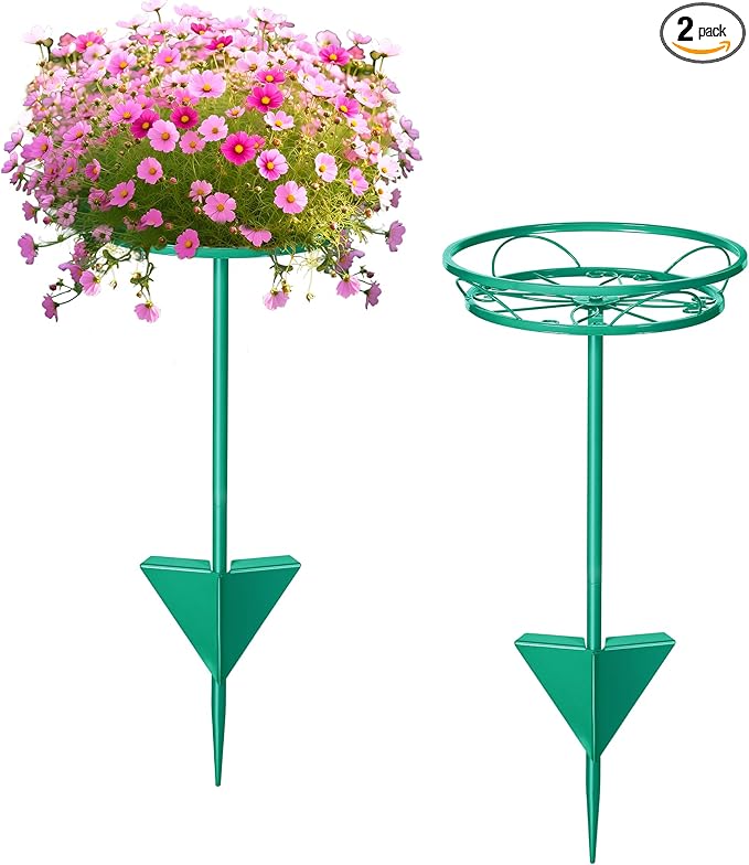 Tellingyou 2 Pack Adjustable Outdoor Flower Pot Stand, Metal Outdoor Plant Stands, Spring Summer Versatile Plant Stand Garden Stake for Display Plants, Elegant Solution for Landscaping Decor (Green)