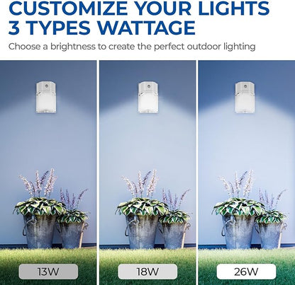 CINOTON 26W LED Wall Pack Light with Dusk to Dawn Sensor, 3CCT 3000K/4000K/5000K, 26W/18W/13W Switchable, [100-277Vac] IP65 Waterproof Outdoor Security Flood Lighting for Garage Warehouse 2 Pack