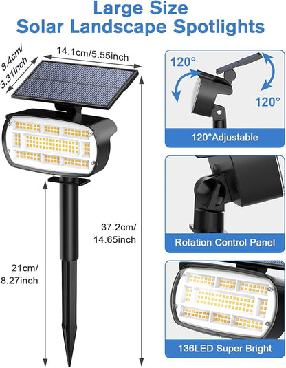 Fabrito Large Solar Spot Lights Outdoor 4 Pack, 1000 Lumens High Brightness, IP65 Waterproof Solar Spotlight with 136 LEDs, Dusk to Dawn Solar Landscape Lights for Yard, Garden, Pathway, Plants (Warm)