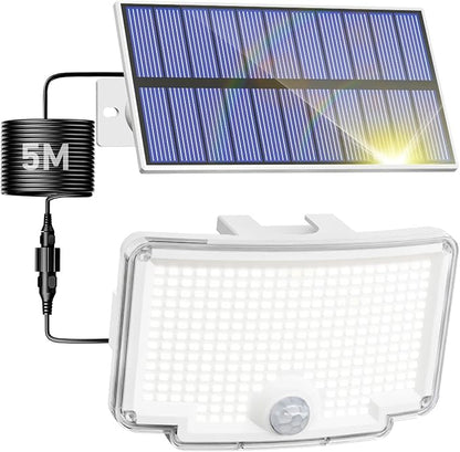 Peasur 1 Pack Solar Motion Lights Outdoor, 318 LED Solar Security Light with 3 Modes, IP65 Waterproof Powered Flood Lights for Outside Patio Garage Yard, (Cool Light,White Frame)