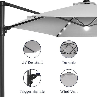 Best Choice Products 10ft Solar LED Offset Cantilever Hanging Market Patio Umbrella, Smooth 360° Rotation, 8 Sturdy Ribs, Easy Adjustment - Fog Gray