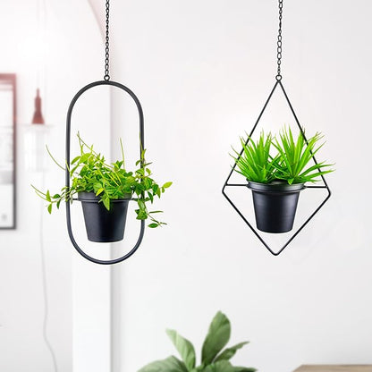 Modern Hanging Planters for Indoor Plants, Metal Plant Hanger with 5 inch Flower Pot, Set of 2 Black Plant Holder in Diamond and Oval Shape, Small Wall and Ceiling Hanging Pot for Outdoor Plants