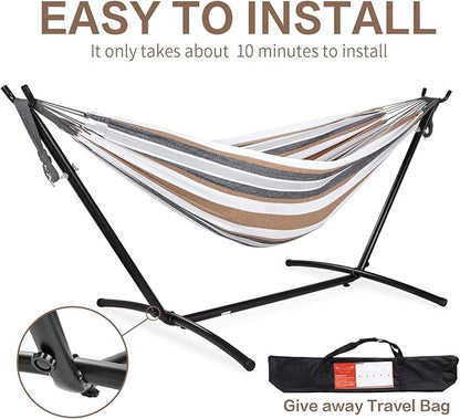 PNAEUT Double Hammocks with Stand for Outside, Portable Space Saving Heavy-Duty Steel Frame for Indoor Outdoor Patio Yard, Easy Assembly, 2 Person 450 lbs Capacity (Coffee)