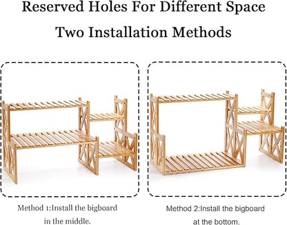 Lawei 2 Tier Bamboo Tabletop Plant Stand, Adjustable Flower Pot Holder Shelf Planter Display Stand, Small Desktop Ladder Plant Rack for Indoor Outdoor Home Patio Lawn Garden Balcony Organizer
