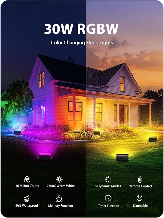 Onforu LED Flood Light Outdoor 300W Equivalent, 30W Color Changing RGBW Floodlight with Remote, 2700K Warm White IP66 Stage Lights Indoor Uplights for Events, Uplighting for Halloween 4 Pack