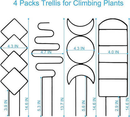 4 Packs Trellis for Climbing Plants Indoor, HENABLE Small Garden Metal Trellis for Potted Plants Outdoor for Vine Ivy Flower Plant Support, 4 Different Black Iron Patterns