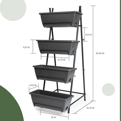 GENMOUS 4 Tier Raised Garden Bed Tall 45'' Vertical Elevated Garden Planter Standing Garden Bed Planter Box with Drainage Holes Removable Tray Outdoor Herb Planter Stand on Patio Balcony Porch Black