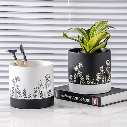 Nihow Ceramic Plant Pot: 6 Inch Planter with Drainage Hole & Saucer for Indoor & Outdoor Plants - Cylinder Round Flower Pot for Succulent/Herbs/Violets - White
